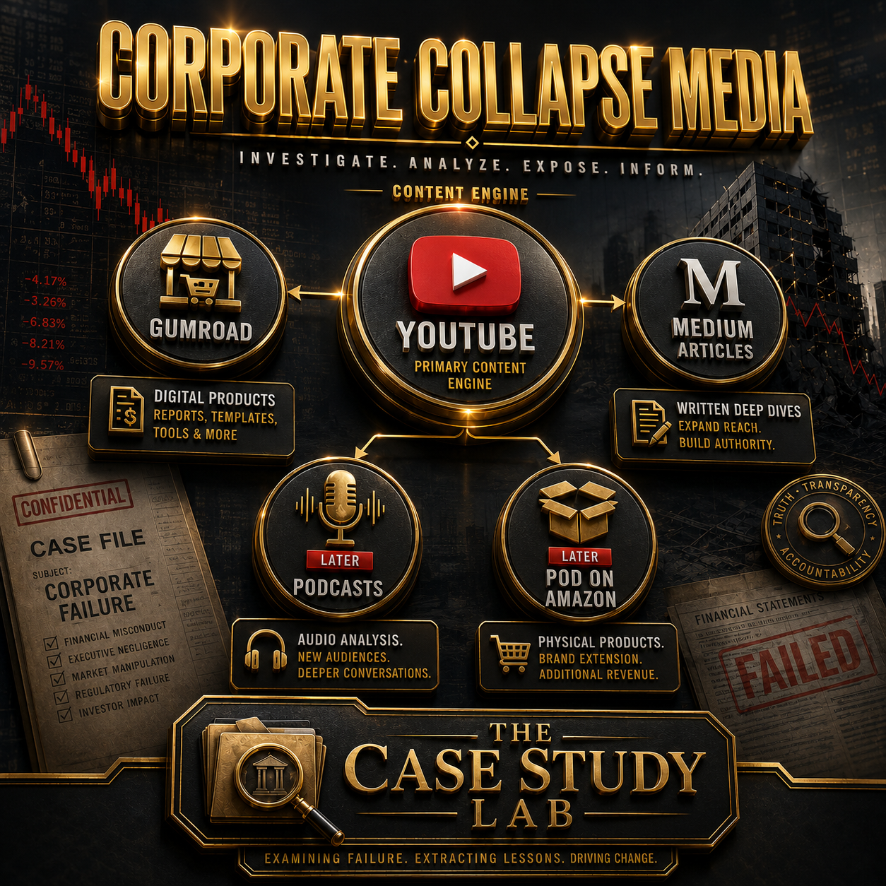 Corporate Collapse Media ecosystem overview showing YouTube, Medium articles, Gumroad products, and future podcast and physical product branches.
